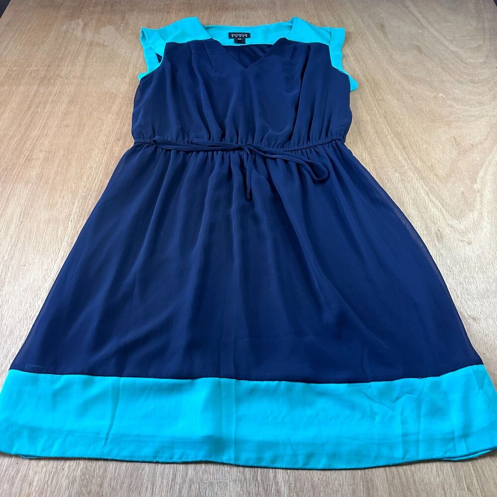 Enfocus Women Dress 16W Navy Blue Teal Colorblock Tie Waist Sleeveless